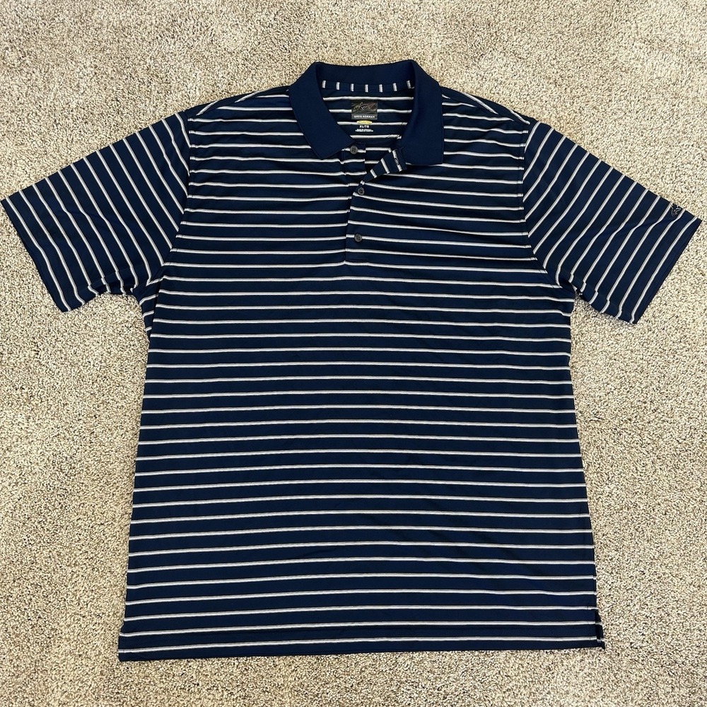 Greg Norman Polo Shirt Mens XL‎ Blue Pinstripe Shark Logo Play Dry Golf Casual